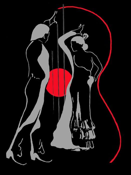 Dessin d'un couple de danseurs de flamenco dans la silhouette d'une guitare